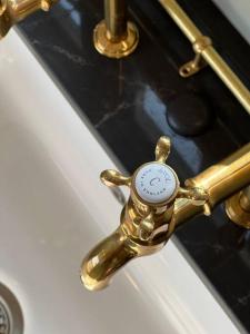 a gold door handle with a clock on it at Island Hut - Outdoor bath tub, firepit and water equipment in Saltford