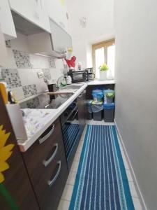 a kitchen with a blue and white striped flooring at Il Rifugio dei Colonna casadolcecasa in Marino
