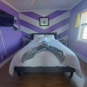 - une chambre violette avec un lit recouvert de chaussettes dans l'établissement Starboard Side Guest House, à Channel-Port-aux-Basques