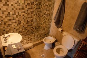 a bathroom with a toilet and a sink and a shower at El Aromito Hospedaje in Tilcara