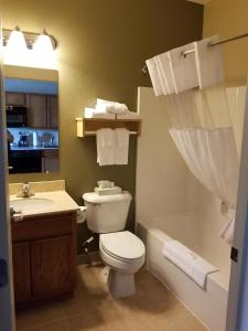 a bathroom with a toilet and a sink and a tub at Suburban Studios Morgantown in Morgantown