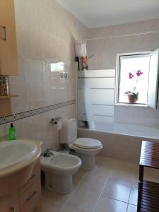 La salle de bains est pourvue d'un lavabo, de toilettes et d'une fenêtre. dans l'établissement Azimute Guest House, à Aljezur