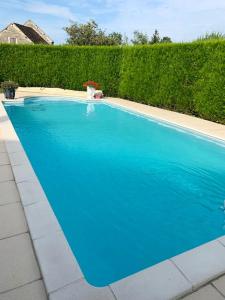 a blue swimming pool in front of a hedge at Villa de 4 chambres avec piscine privee terrasse amenagee et wifi a Omerville in Omerville