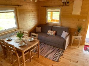 ein Wohnzimmer mit einem Sofa und einem Tisch in der Unterkunft Domek na Wsi in Bodzentyn