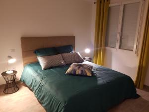 a bedroom with a bed with a green comforter at La villa 13&15 in Saint-Georges-de-Didonne