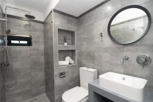 a bathroom with a toilet and a sink and a mirror at Antheon apartments in Vathi