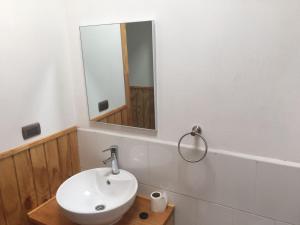 La salle de bains est pourvue d'un lavabo blanc et d'un miroir. dans l'établissement Apartamentos Yagan, à La Junta