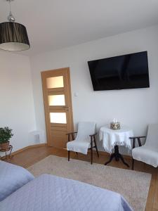 Televízia a/alebo spoločenská miestnosť v ubytovaní Apartament nad Jeziorakiem