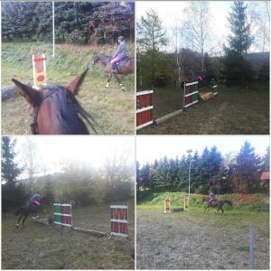 quatro imagens de uma pessoa a montar um cavalo a saltar sobre um obstáculo em Osada Konna ASSANYA Rezydencja Assanya em Ujanowice