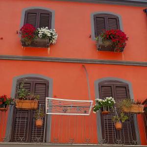 an orange building with flowerpots and windows with flowers at Sa domu rubia in Iglesias