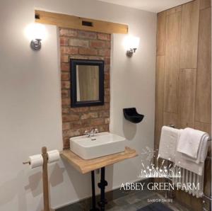 a bathroom with a white sink and a brick wall at Abbey Green Farm in Wem