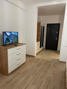 uma sala de estar com uma cómoda com televisão em Militari Comfort Studio em Roşu