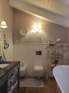 a bathroom with a toilet and a clock on the wall at Ca' Moni - Imola in Imola +23 photos