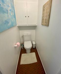 een kleine badkamer met een toilet en witte kasten bij Cottage au sein du "Hameau du golf" de la Bretesche in Missillac