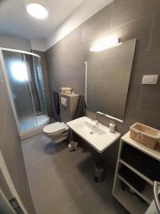 a bathroom with a sink and a toilet and a mirror at Apartman Vitamare 160 m from the beach in Novi Vinodolski