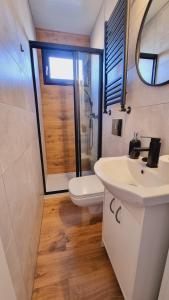 a bathroom with a white sink and a toilet at Domki na wodzie Jastarnia - Houseboat in Jastarnia +39 photos