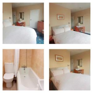 three pictures of a bedroom with a bed and a bath tub at The Countryman Hotel in Camelford