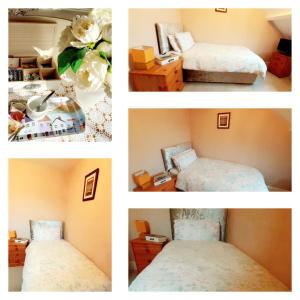 a collage of four pictures of a room with two beds at The Countryman Hotel in Camelford