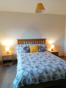 a bedroom with a bed with two lamps on tables at Cosy 2 Bedroom Cottage in Laconnell