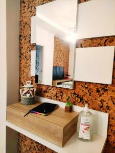 einen Spiegel an der Wand mit einem Schreibtisch in einem Zimmer in der Unterkunft A casa di Alma in Terni