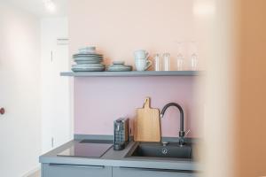 a kitchen with a sink with a toaster and plates at stuub freiburg in Freiburg im Breisgau