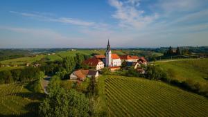 IvanjkovciHiša Pep's的享有山上房屋的空中景致,设有教堂