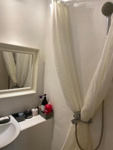 Un baño con cortina de ducha y lavabo. en BUDGET DOWNTOWN APARTMENT- Harma I, en Mykonos ciudad 21 fotos más