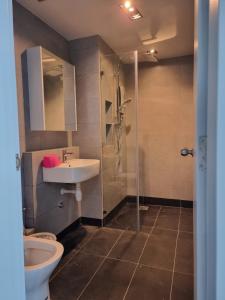 a bathroom with a shower and a sink and a toilet at Nana Homestay - Jesselton quay in Kota Kinabalu +57 photos