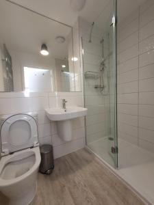 a bathroom with a toilet and a sink and a shower at Lovely home close to City Center & Rail Station in Chesterfield