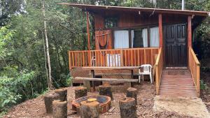 eine Hütte im Wald mit einem Tisch und einer Bank in der Unterkunft La Bromelia/Cabaña de Montaña, Cerro de la Muerte. in Cartago