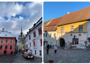 two pictures of a street in a city with buildings at Casa Morar in Sighişoara