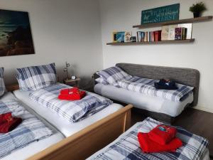 twee bedden in een kamer met rode kussens erop bij Stefanie in Heide