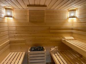 a wooden sauna with two beds and two lights at Domek Całoroczny Fuleda -Mazury Giżycko Sauna Jacuzii Kominek in Giżycko