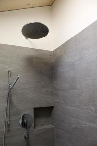 a bathroom with a shower and a light on the ceiling at Chalet Sternenhimmel in Arosa