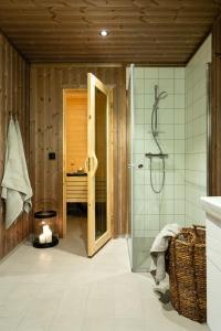 ein Bad mit einer ebenerdigen Dusche und einer Glastür in der Unterkunft Cozy modern holiday villa with electric car charging, sauna and fireplace in Øyer
