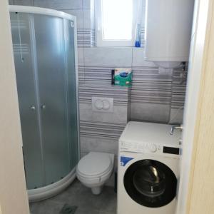 Vrnjačka BanjaにあるApartman Ljubičicaの小さなバスルーム(トイレ、洗濯機付) +34枚の写真