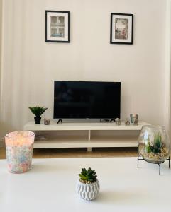 salon z telewizorem w białym centrum rozrywki w obiekcie KASA VOYTIER Parking privé & Wifi - Balcon & Ascenseur w mieście Saint Etienne