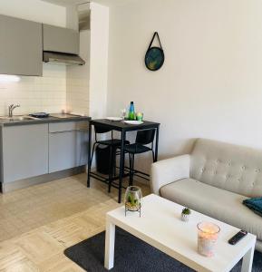 salon z kanapą i stołem w obiekcie KASA VOYTIER Parking privé & Wifi - Balcon & Ascenseur w mieście Saint Etienne