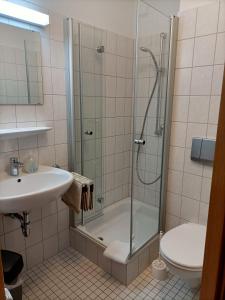 a bathroom with a shower and a sink and a toilet at Pension Drei Elstern in Schierke