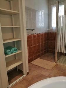 uma casa de banho com um chuveiro com prateleiras e um lavatório em Chambre d'hôtes à Usclas d'Hérault em Usclas-lʼHérault
