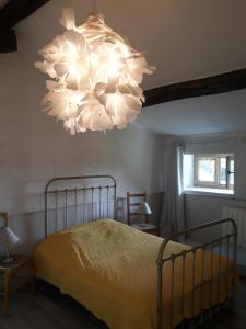 a bedroom with a bed with a chandelier at Un jardin sur la colline in Claveyson