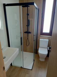 サン・マルティン・デル・カミーノにあるAlbergue La Huellaのバスルーム(トイレ、ガラス張りのシャワー付)