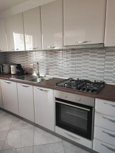 普拉的住宿－Apartment Eva，白色的厨房配有炉灶和水槽