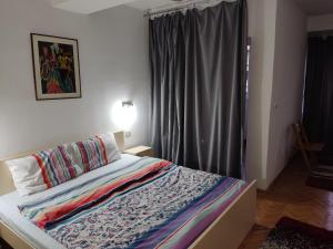 a bedroom with a bed and a window with curtains at Zozi urban studio in Skopje