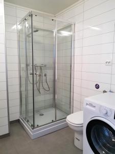 um chuveiro na casa de banho com um WC e uma máquina de lavar roupa em The House of Aurora I em Tromsø