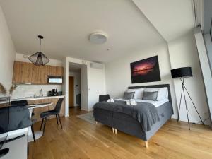 um quarto com uma cama, uma secretária e uma cozinha em Rannakivi Riverside apartments em Pärnu