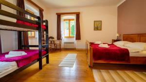 a bedroom with two bunk beds and a table at Gorska kuća Elin in Brod na Kupi