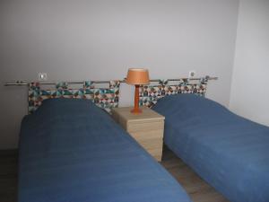2 camas con sábanas azules y mesita de noche con lámpara en Gîte de Romagers, en La Chaze-de-Peyre 13 fotos más