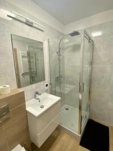 een badkamer met een glazen douche en een wastafel bij Apartment Insat IV in Szczecin