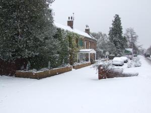 a yard covered in snow in front of a house at Andel Lodge in King's Lynn